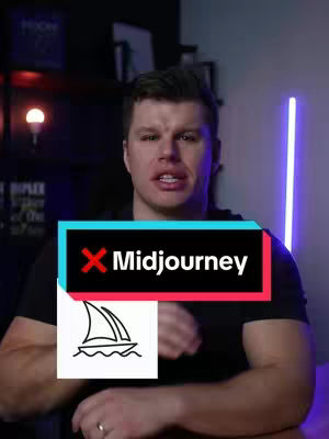 A man in a black shirt is the primary focus, positioned with a medium shot that emphasizes his face and upper body. Overlaying the man is a rectangular box with a red background that contains a white "X" and the word "Midjourney", while a small square displays a minimalist black and white sailboat icon. Behind the man, dark shelves are partially visible, providing a backdrop for the composition. The surrounding lighting includes a prominent lightbulb, a vertical purple neon light strip suggesting a studio setting.
