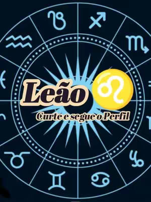 The image is a stylized infographic, dominated by a dark blue background. A circular design in the center features a zodiac wheel pattern. The primary foreground is a central graphic with the word 'Leão' (Leo in Portuguese), in a distinct, embellished font. Adjacent to the word, a yellow circle contains the Leo astrological symbol. Surrounding this central design are various other astrological symbols and text elements in a lighter color. The overall composition is symmetrical, with a balance of text and graphics to convey astrological theme.