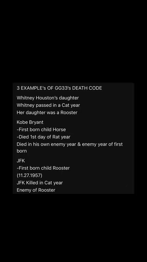 A black background with a white text box containing a list of examples. The text box lists '3 EXAMPLE'S OF GG33'S DEATH CODE,' followed by names and dates related to different individuals, likely as examples of numerological phenomena.