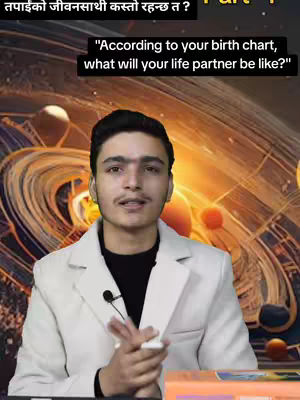 A man with short dark hair, wearing a white blazer over a black shirt, is centered in the shot. The background shows a swirling, colorful depiction of space or a cosmic event. There is overlay text from the image.