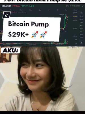 The cover image shows a woman with short black hair smiling slightly. Above her is a screen grab of a crypto chart with overlayed text declaring a Bitcoin pump to $29K+. The lower portion features the woman's face in a selfie perspective, with the text "AKU:" above her.