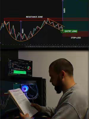 The cover image features a man seated in front of a computer monitor displaying a stock chart. The image is split, with the top section showing a detailed chart with lines, and text labels such as "Resistance Zone," "Entry Long," and "Stop Loss." Below, the man sits in profile, engrossed in studying a paper in his hands, possibly analyzing data related to the chart displayed on the monitor. The lighting appears neutral, and the setting seems like a home office.