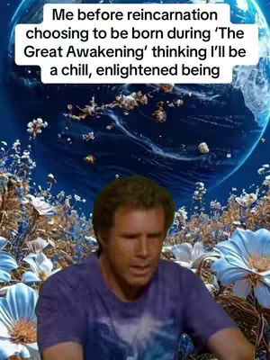 The image is a meme-style composition featuring a man, likely a comedian, with a superimposed text overlay. The background is a surreal depiction of space and flowers, hinting at themes of spirituality. The man is central, with a slightly bewildered expression, possibly for comedic effect.