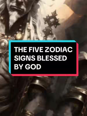 The cover image features a stylized, artistic depiction of a bearded figure, possibly a deity or saint, with a classic and detailed style. The figure is positioned against a backdrop of warm, golden light. Overlaid on the image is a rectangular box divided into three sections: black, blue, and red. White text proclaims, 'THE FIVE ZODIAC SIGNS BLESSED BY GOD'.