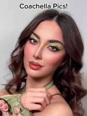 The cover image features a woman with elaborate festival makeup showcasing her face and upper body in an artistic composition. The woman has long, wavy brown hair, and her makeup includes bold green eyeshadow and rosy blush, with a small image of her in the bottom left corner. The text overlay at the top says 'Coachella Pics!'