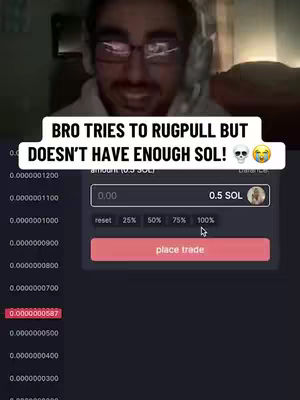 The cover image shows a man in front of a screen displaying a crypto trading interface. He’s wearing glasses and is positioned with a webcam angle. A text overlay reads, “BRO TRIES TO RUGPULL BUT DOESN’T HAVE ENOUGH SOL!”