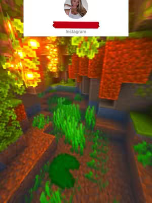 The cover image depicts a scene from the video game Minecraft. The scene is of a lush, pixelated forest with green and beige flora and a blue water feature. At the top left, a white box contains a profile picture of a blonde woman and her Instagram handle.