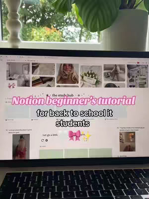 A laptop screen displaying a Notion workspace, with a keyboard in the foreground. The workspace shows various images in a grid layout and the text overlayed on top of it.