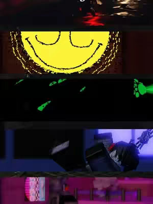 The cover image is a vertical strip with several horizontal image sections. The top section seems to show a reflection over water with some red highlights, the next is a yellow smiley face with a black outline, and below is a black box with several green shapes in it, followed by a section featuring a Roblox character, and finally a section with a glitching screen of a pink and purple videogame.