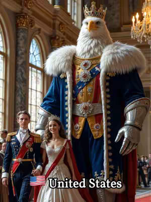 An AI-generated image of a grand hall with a human-like eagle wearing a crown, royal attire, and large silver gauntlets. Two people in royal attire are on either side of the eagle. The American flag and the Words United States Are Showing .The setting is a lavish hall, likely a palace. 