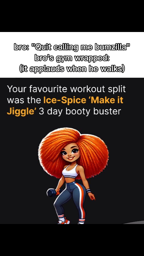The image features an animated character of a woman with large orange afro, wearing a white crop top and dark grey formfitting pants with orange and white stripes down the sides. She is holding a dumbbell. The background is solid black, and there is text overlayed in the white areas at the top.