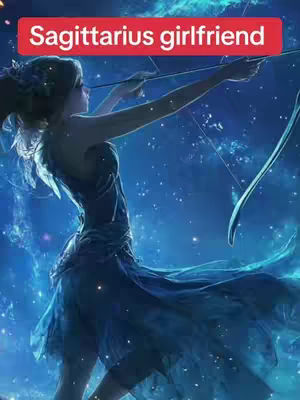 A digital art piece depicting a woman in a flowing blue dress against a backdrop of a starry night sky. The woman is holding a bow and arrow, aiming with her left arm extended.  An overlaid text box in red states "Sagittarius girlfriend".