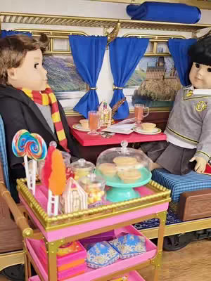 The cover image features two American Girl dolls, styled to resemble characters from the Harry Potter series, seated on a train. The dolls are positioned on opposite sides of a table laden with treats and set against a backdrop suggesting the Hogwarts Express. A pink, tiered cart is filled with sweets and snacks. The aesthetic suggests a mix of toy play and a Harry Potter-themed setting.