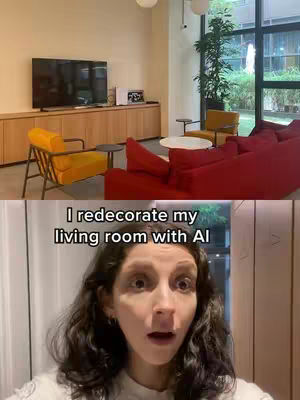 The image shows a living room setting at the top, featuring a modern space with large windows, a TV, and various furniture pieces. Below this, the creator with highlighted makeup and neutral expression fills the lower half of the frame. Text overlays on the bottom portion.