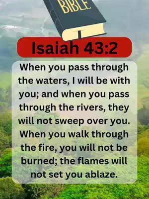 The cover image features a graphic with a Bible resting on top of a blurred nature background. A red banner displays "Isaiah 43:2." Below, a clear rectangular box contains a Bible verse. The color palette consists of greens, blues, and yellows.