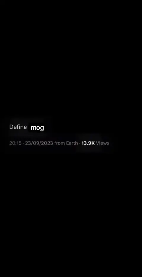 A solid black background with overlaid white text and supporting information. The text 'Define mog' is centered at the top, with details like date, time, and views below it.
