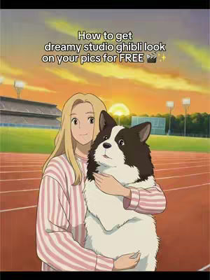 An anime-style illustration of a woman holding a large dog, set against a background of a racetrack and a sunset. Text overlays describe a tutorial.