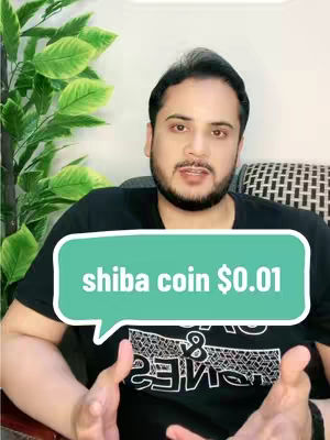A man with a beard and black t-shirt is the primary focus, set against a backdrop with a green plant and a patterned sofa. A teal speech bubble features the text 'shiba coin $0.01.' The man is gesturing with both hands.