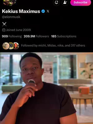 A man in a black shirt is holding a microphone in front of a blurred indoor setting. A second layer shows a screen capture of an X (Twitter) profile of Elon Musk, with his profile picture, along with profile information.