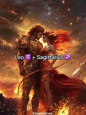 An illustrated image showing a couple, a man and a woman, in a dramatic, fantasy style. The man is of medium skin tone with dark hair and a muscular build, wearing stylized golden armor. The woman has fair skin and long, fiery red hair that flows in the wind. The background is a blend of orange and gold hues, suggesting fire or a sunset. Text overlays indicate the zodiac signs Leo and Sagittarius.