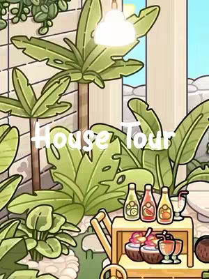 An animated cartoon illustration of what appears to be a garden with a food cart. The text overlay says "House Tour". There are large green plants, and a cart with drinks and bowls of food.