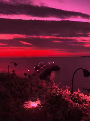 A scenic landscape with a pier extending into the water, with the sky colored in shades of red and purple. There are streetlights on the pier and a darker foreground with some foliage.