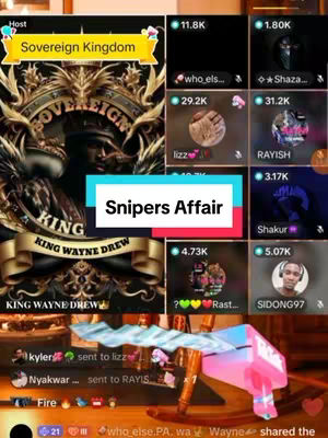 The video cover image is a screenshot from a live streaming platform's interface. The main element is a central rectangular box with the text overlay 'Snipers Affair'. Around this box, there are several profile icons with usernames and follower counts displayed. A background image is visible, featuring decorative elements associated with a 'Sovereign Kingdom' and characters. At the bottom of the frame, a game interface is shown, with elements like chat, and in-game action notifications (e.g., 'kyler sent to lizz').