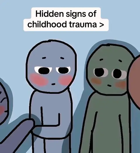 The cover image features a light blue background with four cartoon figures. The figures are simple with round heads and no facial features except for black eyes. Two figures have rosy cheeks, and all appear to have a slight downward gaze, except for the one partially obscured. Above the figures, white text reads, "Hidden signs of childhood trauma >".