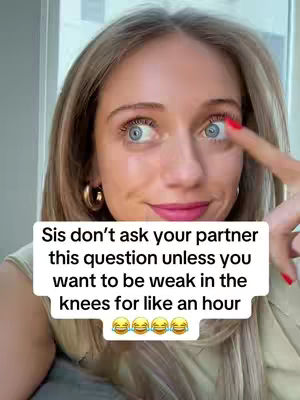 A close-up of a woman with fair skin and light brown hair. She's looking towards her left, with her right index finger pointing towards her right eye. The background is blurred but appears to be a room with a window. Overlaid on the image is a white box containing text, with multiple laughing emojis at the bottom.
