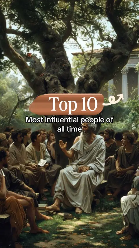 An artistic rendering of many people gathered under a large tree, with one man in white robes seated in the foreground, gesturing. The sky is clear, and the overall color palette is muted, with greens, browns, and whites dominating the scene.
