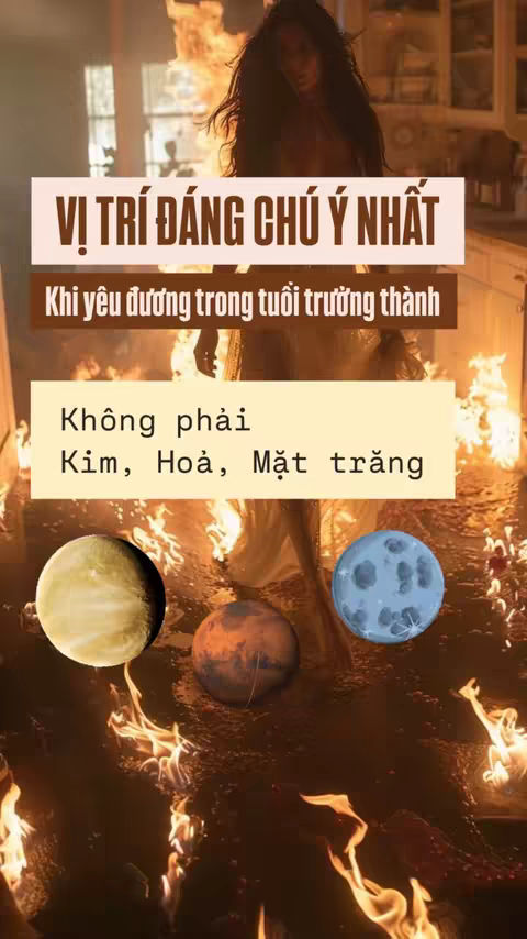 The image is a graphic designed with a mystical theme. The layout has layers, with text overlays at the top for the hook and a set of descriptive text below it. The background suggests chaos, possibly fire or a burning environment. Below this, planets, including a golden sphere, a reddish orb, and a blue moon, circle. There is a figure of a woman that is blurred to an abstract shape.