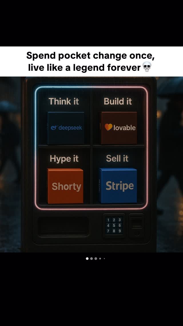 The image showcases a stylized vending machine with four illuminated compartments, each containing a cube with a company logo or phrase. Above the machine is the overlaid text with a skull emoji, with dark background hinting at a night-time setting with blurred figures.