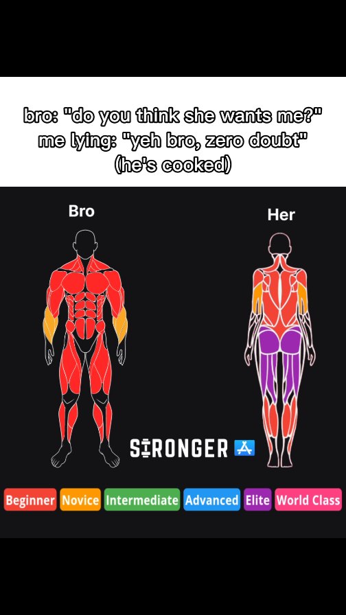 The cover image depicts a humorous infographic comparing the muscle development of two figures, labeled 'Bro' and 'Her,' with a black background. The 'Bro' figure is a simplified male form with red muscles highlighted in areas. The 'Her' figure mirrors this, but with different muscle regions highlighted in purple and orange. Text above reads a dialogue snippet, and information about an app is displayed at the bottom.