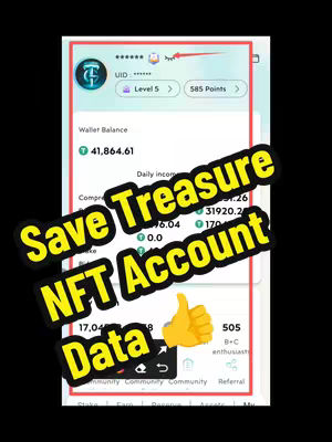 The image shows a screenshot of a mobile app interface with data related to NFTs and wallet balances. Overlaid on the screenshot are eye-catching yellow and black text boxes with the words "Save Treasure NFT Account Data". A thumbs-up emoji is near the bottom. The layout is clean with a light cyan background and red borders, and the overlaid text is bold.