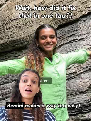 The cover image features two women, one in the foreground and the other in the background. In the foreground, a woman with long, wavy brown hair is shown with an open-mouthed, surprised expression, wearing a striped top. Behind her, another woman with brown curly hair, extending her arms with a big green cloth shirt, is seen over a rocky background. Text overlays are present, indicating the video's focus on the Remini AI app.