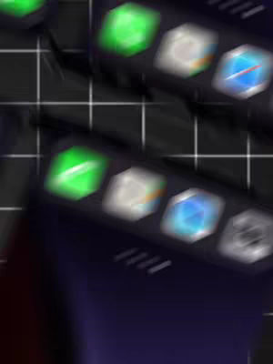 The cover image shows a blurred view of what appears to be a screen displaying app icons. The icons are hexagon-shaped with a slightly glossy appearance, featuring shades of green, blue, and white. The background has visible gridlines.
