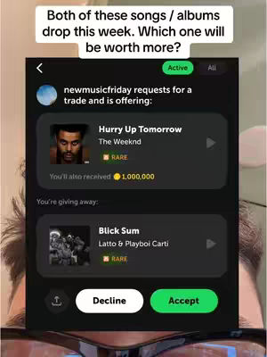 The image shows a split-screen view. The bottom half displays the creator's face, partially obscured by glasses with a dark frame. The top half of the image shows a screenshot of a music app, with a series of text and icon over the image of a spotify app.
