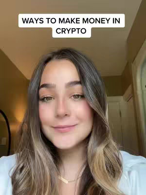 A young woman with long, wavy brown hair poses in front of an indoor setting. The text overlay "WAYS TO MAKE MONEY IN CRYPTO" is displayed at the top.