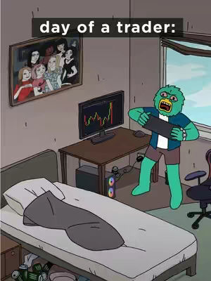 Cartoon illustration of a messy bedroom with a bed, a computer monitor showing a stock chart. A cartoon character with a bird-like face is animated, expressing alarm at the trading data while holding a tablet.