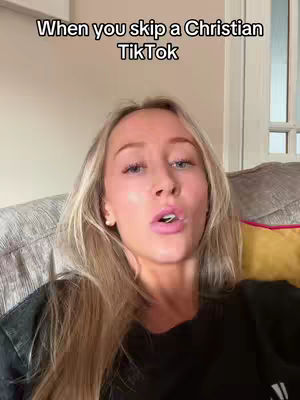 A woman with blonde hair and blue eyes is shown in a close-up shot, looking directly at the viewer with a slightly open mouth. Text overlays the top of the image.