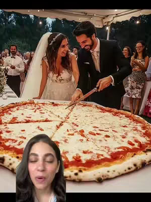 The cover image depicts a wedding scene. A bride and groom are standing behind a giant pizza that's being cut. The bride wears a wedding dress and veil, the groom a black suit. Below, a woman is in the foreground, with her own face reacting to the scene.