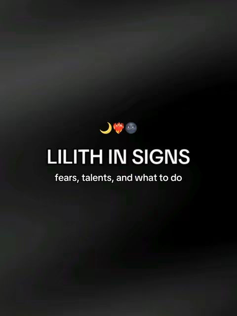 A graphic with a dark gradient background. In the center of the image, there is text that reads "LILITH IN SIGNS" in a bold, white font. Below this, smaller text states "fears, talents, and what to do". Above the title a crescent moon, a flame, and a planet are shown.