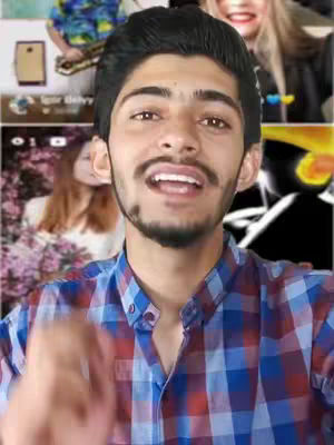 A medium shot features a young man with dark hair and a trimmed beard, looking directly at the camera with an open mouth as though speaking. He wears a blue and red plaid shirt. The background is a busy montage of various images, including blurred pictures of people and app interfaces.