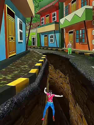 A stylized, cartoonish illustration depicts a street scene with colorful buildings on either side of a road. A deep chasm, seemingly an earthquake crack, runs down the center of the road. A female figure in a pink top and blue jeans is seen falling into the chasm with arms outstretched. A male figure, wearing green pants and horizontally striped shirt, stands safely on the right side of the street, looking on. The color palette is vibrant with contrasting shades of blue, red, green, and orange for the buildings. The overall composition suggests an action-oriented scenario set within a virtual or game environment.