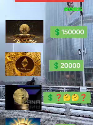 The image is a vertical collage depicting the potential future values of different cryptocurrencies, set against the backdrop of a city. The composition is divided into sections, with each showcasing a different cryptocurrency logo. Numbers indicating projected values and question marks accompanied by emoji faces representing expressions of uncertainty and surprise are shown.