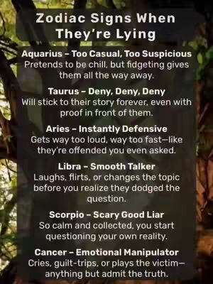 The cover image features a list of zodiac signs with descriptions of how they behave when lying, set against a background that appears to be blurred foliage. The text is white against a dark background