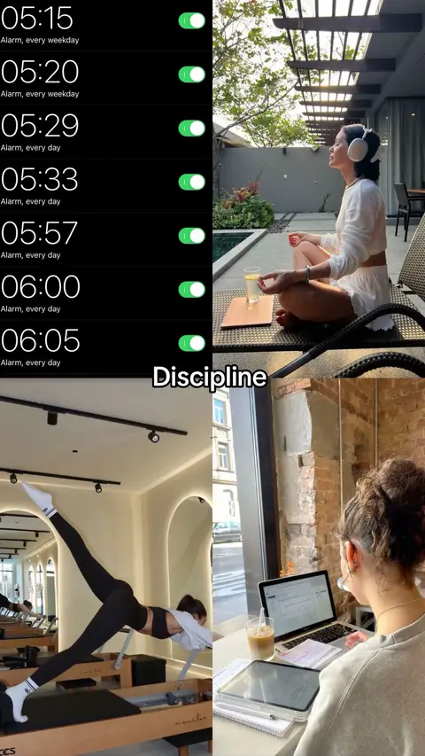 The image is a split screen, showcasing elements related to discipline and lifestyle. On the left, the screen of a phone displaying several alarms set between 5:15 am and 6:05 am is visible at the top. Below, in the lower-left, a person is demonstrating a stretching or pilates exercise. The right side shows an individual meditating and a person working on a laptop in a cafe setting. The text overlay 'Discipline' is positioned horizontally across the center of the image.