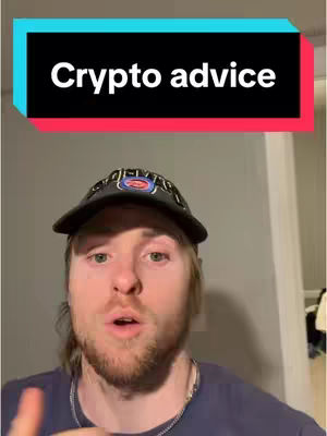 A man with light skin, blonde hair, and a beard is centered in the frame. He wears a dark baseball cap, a dark blue t-shirt, and a silver chain. Above him, a rectangle with black and colored bars reads 'Crypto advice' in white font.