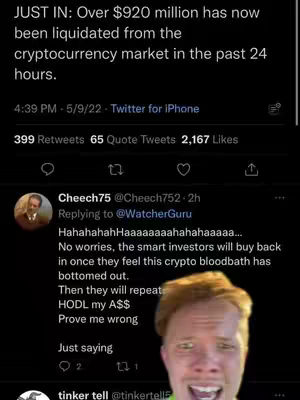 The image is a screenshot of a Twitter post with overlaid text. The background is a black screen. The primary element is a man's face, displaying an animated, exaggerated expression of excitement or shock. Text from a "Watcher Guru" reply dominates the lower half. Further up is a Twitter post detailing how much cryptocurrency has been liquidated recently.