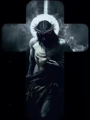 A dark, artistic image of Jesus Christ. He is depicted as a muscular figure with a crown of thorns, positioned within a large cross shape. A halo of light surrounds his head. The color palette is mostly monochrome, with shades of black, gray, and white emphasizing the dramatic and spiritual themes. The image appears to be a painting or artistic rendering.